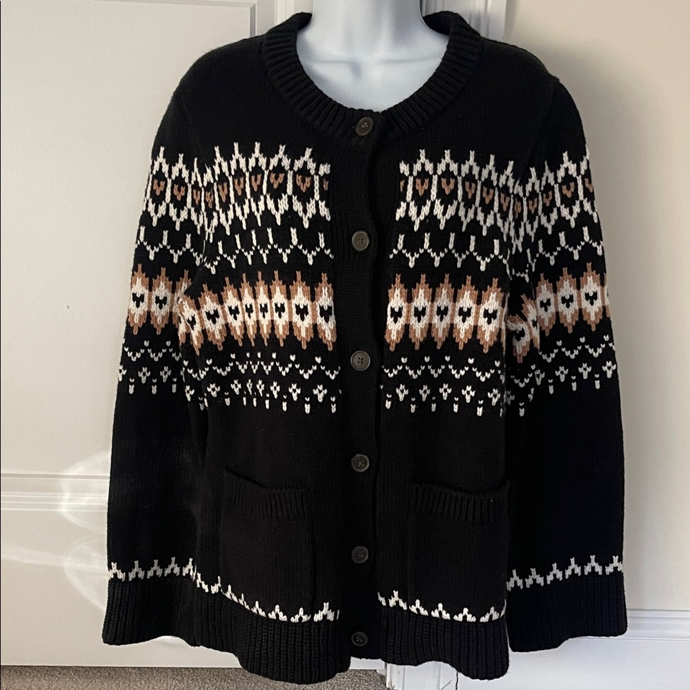 LOFT Black Fairisle Cardigan With Patch Pockets.